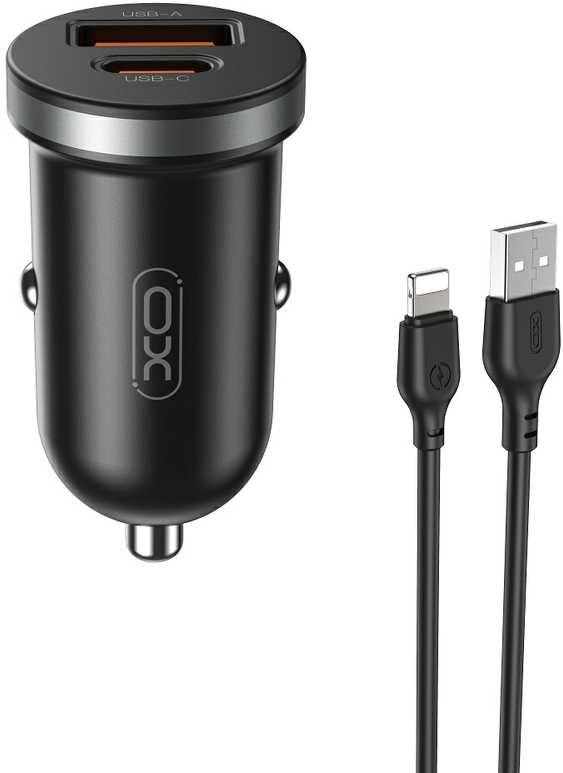 XO automobilinis įkroviklis CC56 PD 30W QC 1x USB 1x USB-C baltas + USB – USB-C laidas