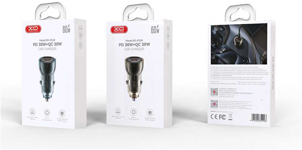 XO car charger CC60 60W 1x USB 1x USB-C juodos spalvos + USB-C - USB-C kabelis