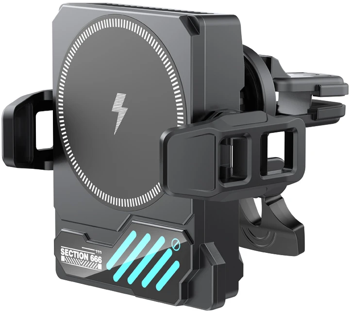 XO car holder SL14 with wireless inductive charger 25W juodas air vent with LED and cooling