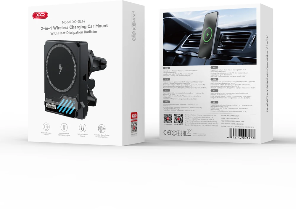 XO car holder SL14 with wireless inductive charger 25W juodas air vent with LED and cooling