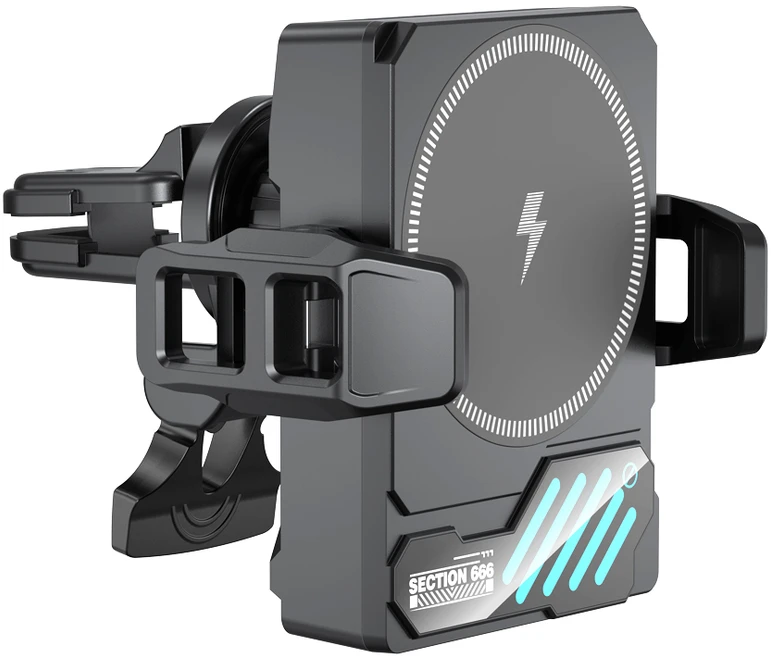 XO car holder SL14 with wireless inductive charger 25W juodas air vent with LED and cooling