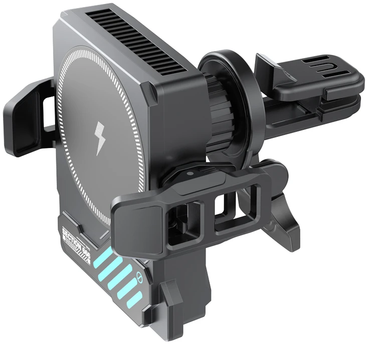 XO car holder SL14 with wireless inductive charger 25W juodas air vent with LED and cooling