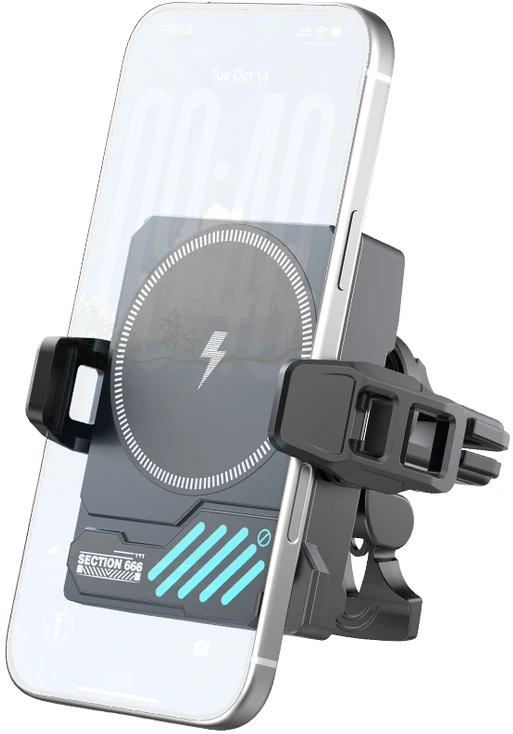 XO car holder SL14 with wireless inductive charger 25W juodas air vent with LED and cooling