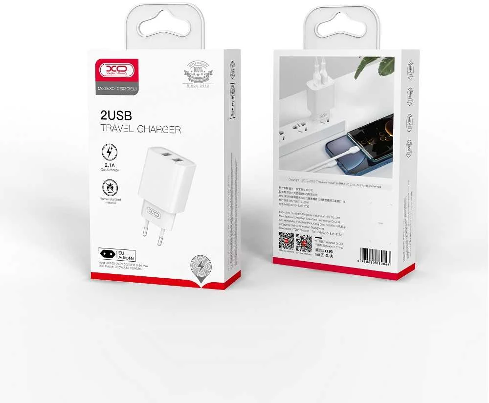 XO sieninis įkroviklis CE02C 2x USB 2,1A baltas + USB-C laidas