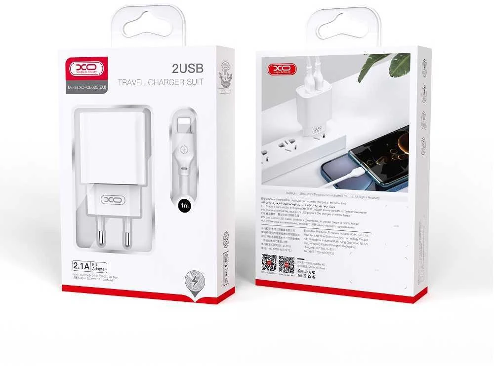 XO sieninis įkroviklis CE02C 2x USB 2,1A baltas + USB-C laidas