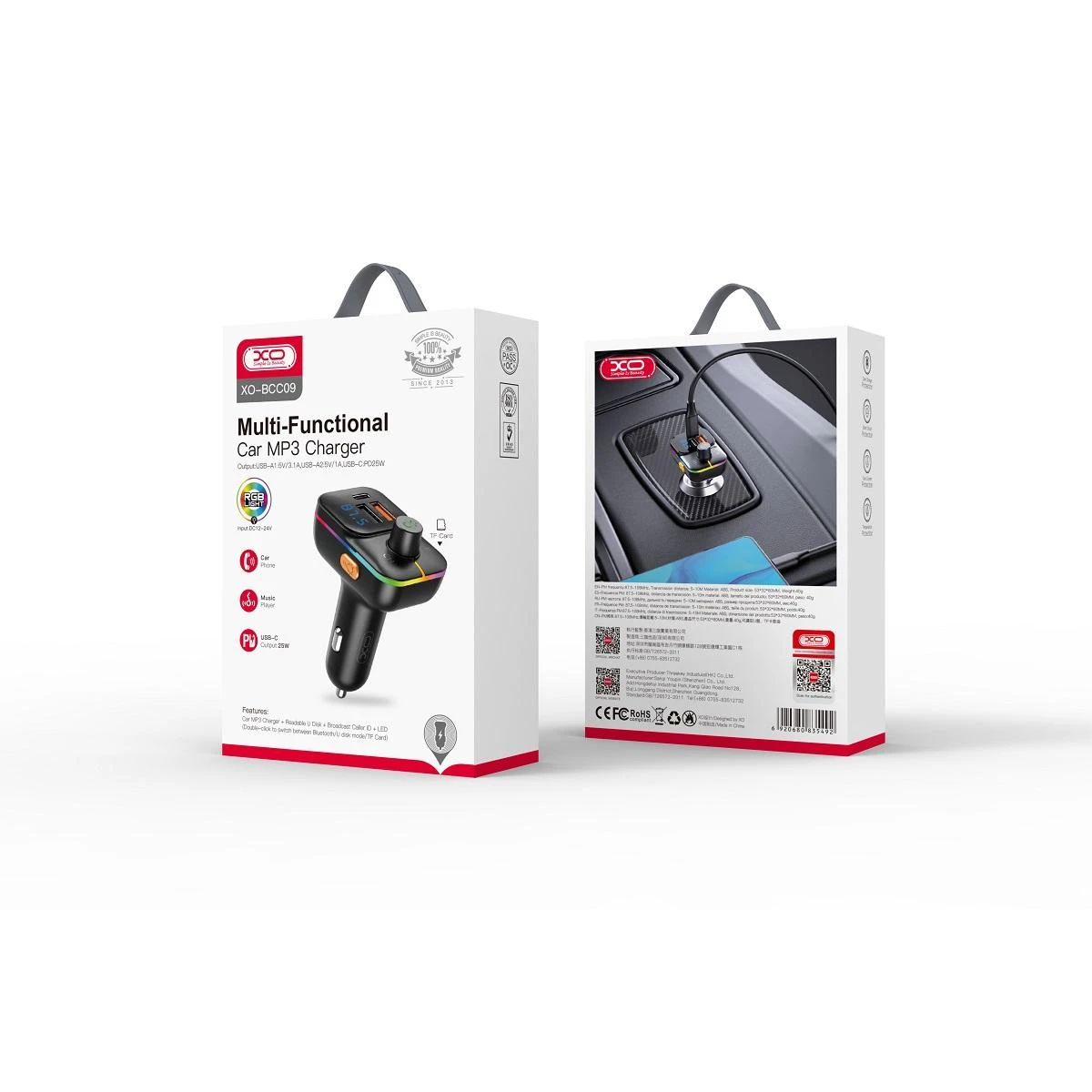 XO FM siųstuvas BCC09 Bluetooth MP3 automobilinis įkroviklis 25W juodas