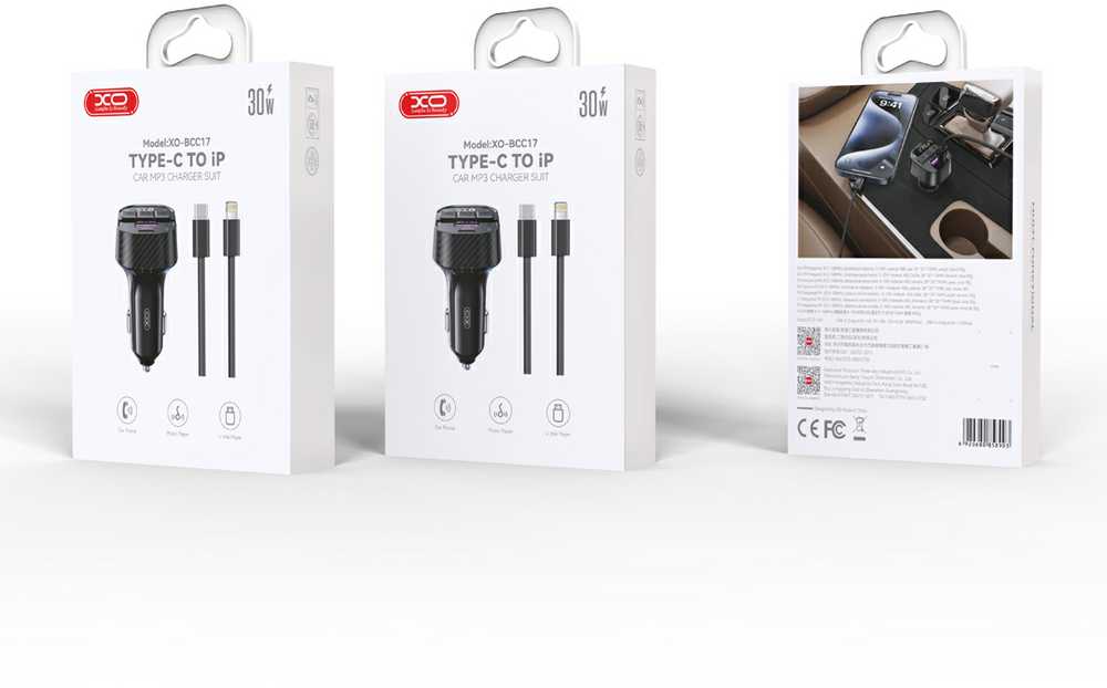 XO FM siųstuvas BCC17 Bluetooth MP3 automobilinis įkroviklis 30W juodas