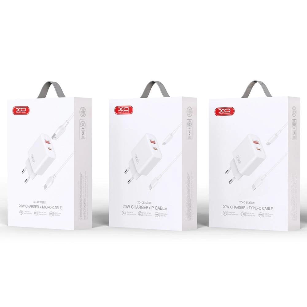 XO sieninis įkroviklis CE12 PD QC 3.0 20W 1x USB 1x USB-C baltas