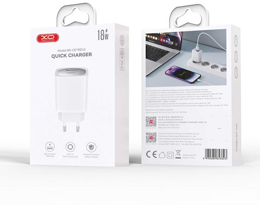 XO sieninis įkroviklis CE19 QC 18W 1x USB baltas + USB-C laidas