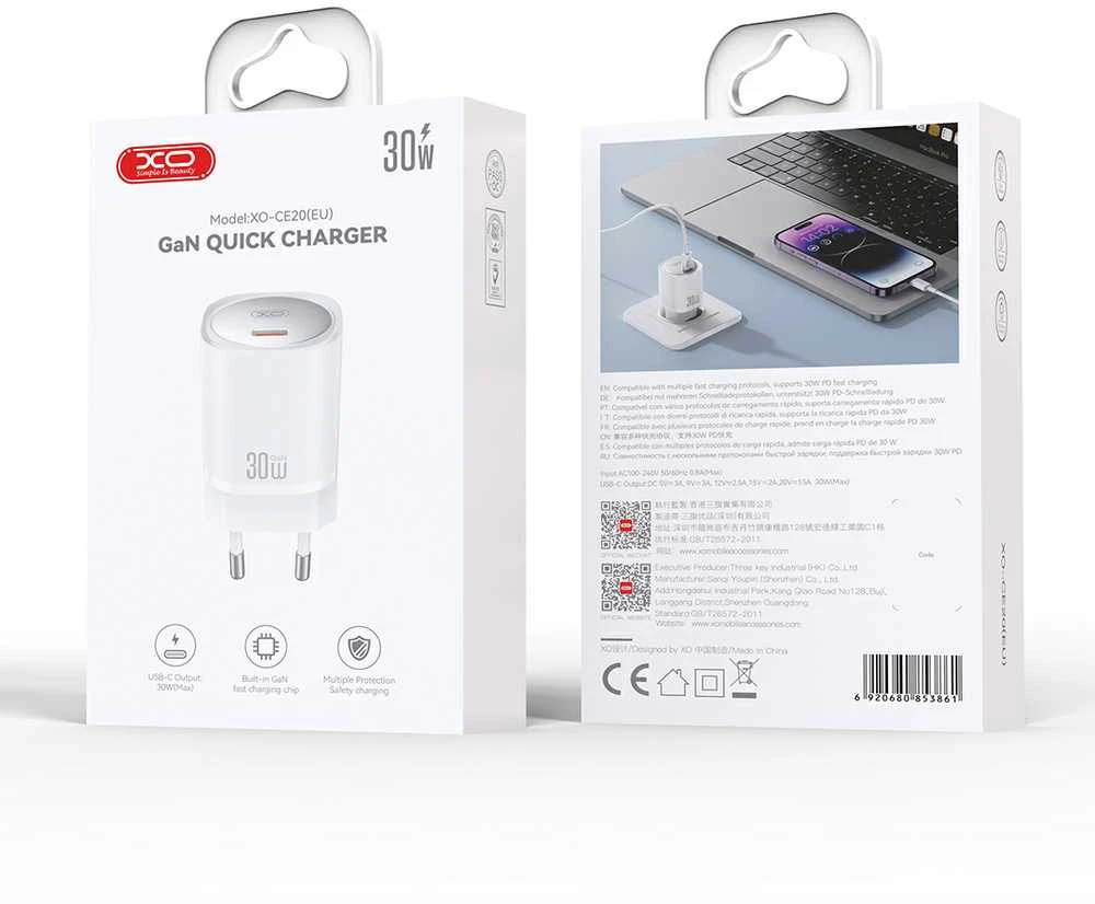 XO sieninis įkroviklis CE20 PD 30W 1x USB-C baltas + laidas USB-C – USB-C