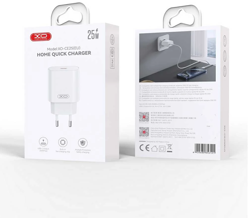 XO sieninis įkroviklis CE25 PD 25W 1x USB-C baltas + laidas USB-C – USB-C