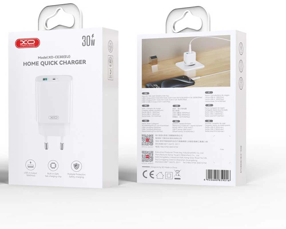 XO sieninis įkroviklis CE30 PD 30W 1x USB-C 1x USB baltas + laidas USB-C – Lightning