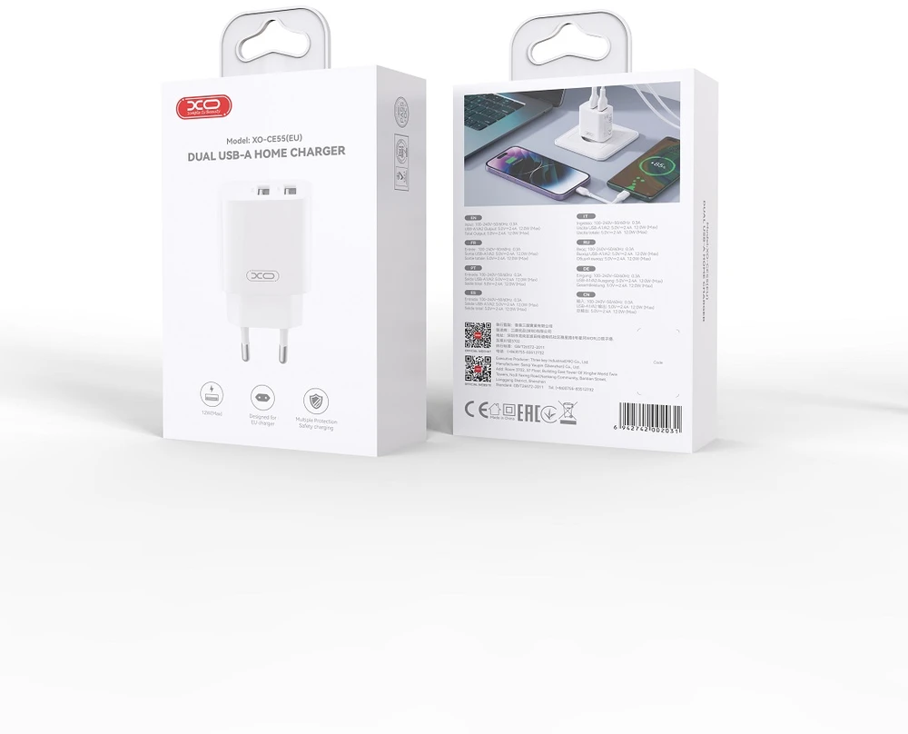 XO wall charger CE55 2x USB 2,4A baltas