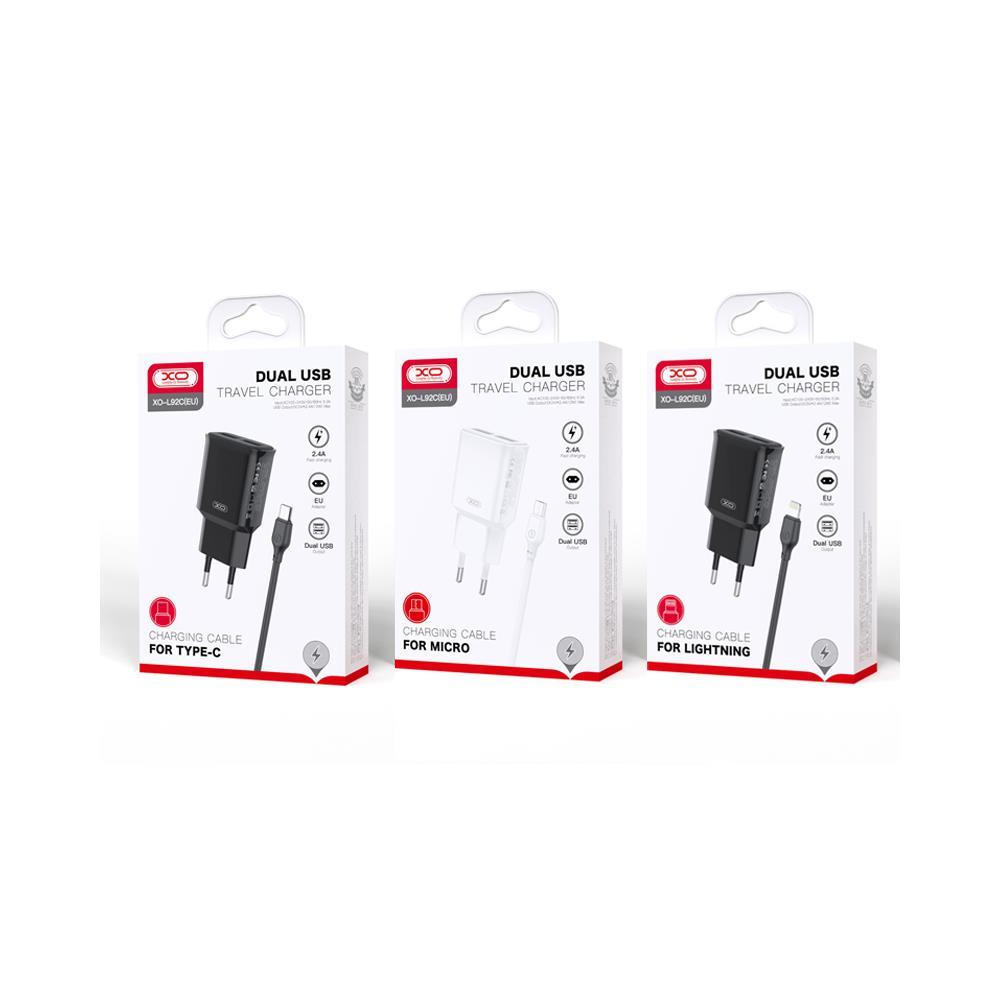 XO sieninis įkroviklis L92C 2x USB 2,4A juodas + USB-C laidas