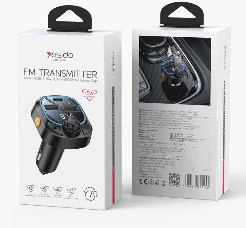 Siųstuvas FM Yesido BT5.3 - FM siųstuvas Y70 15W LED USB-2xA+C + MicroSD, Juodas / Juodas