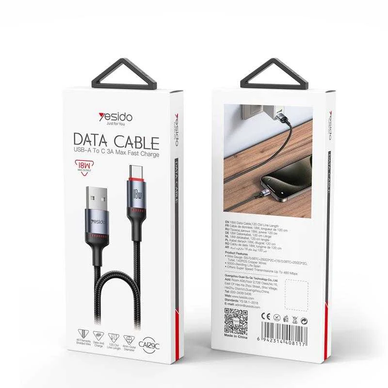 Kab.Yesido CA129C USB-C jungties adapteris 18W 1,2M, juodas