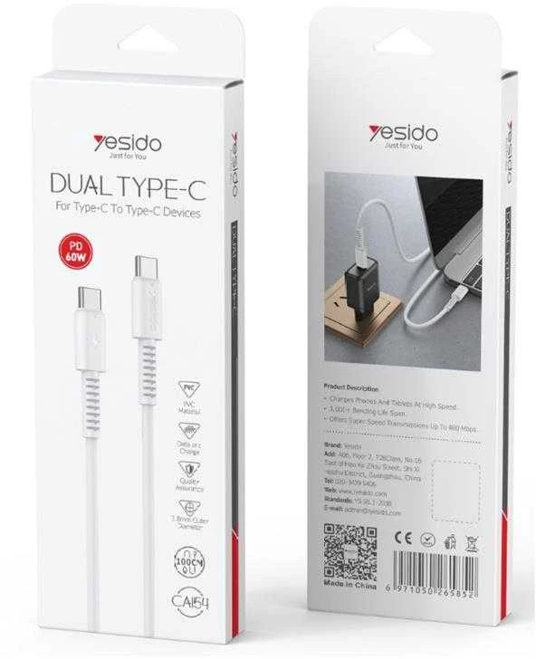 YESIDO KABELIS CA154 PD 60W TYPE-C/TYPE-C 1M PVC 3A Baltas