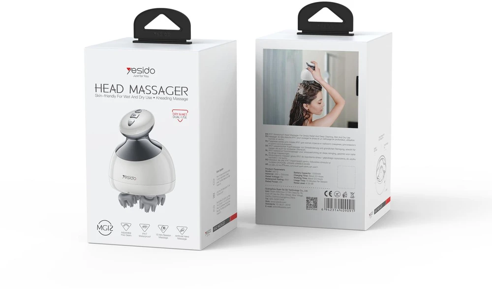 Yesido IPX7 Atsparus vandeniui Head Massager MG12 baltas 1200mAh 15-minute sessions