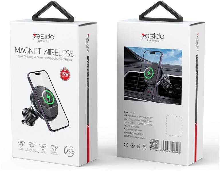 4kom.pl yesido Magnet. Automobilinis laikiklis C190 do Kratki, MagSafe Wireless 15W, JUODA