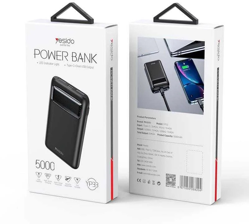 yesido išorinė baterija YP33 5 000 mAh LED, 2xUSB-A + USB-C JUODA
