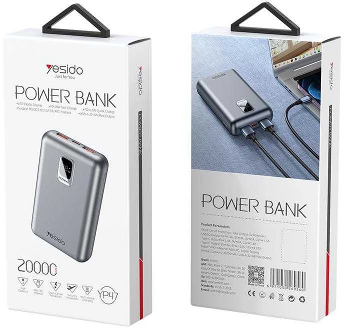 yesido išorinė baterija YP47 20 000 mAh 22.5W + PD 20W LED sidabrinė