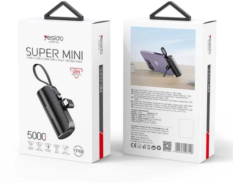 YESIDO IŠORINĖ BATERIJA YP68 5000 mAh 12W + USB-C LAIDAS, LIGHTNING JUNGTIS JUODA