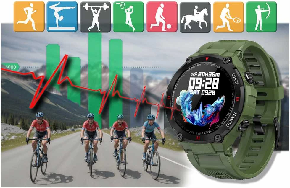 Išmanusis laikrodis Gravity GT7-3, Juodos spalvos korpuso apvadas su žalios spalvos dirželiu