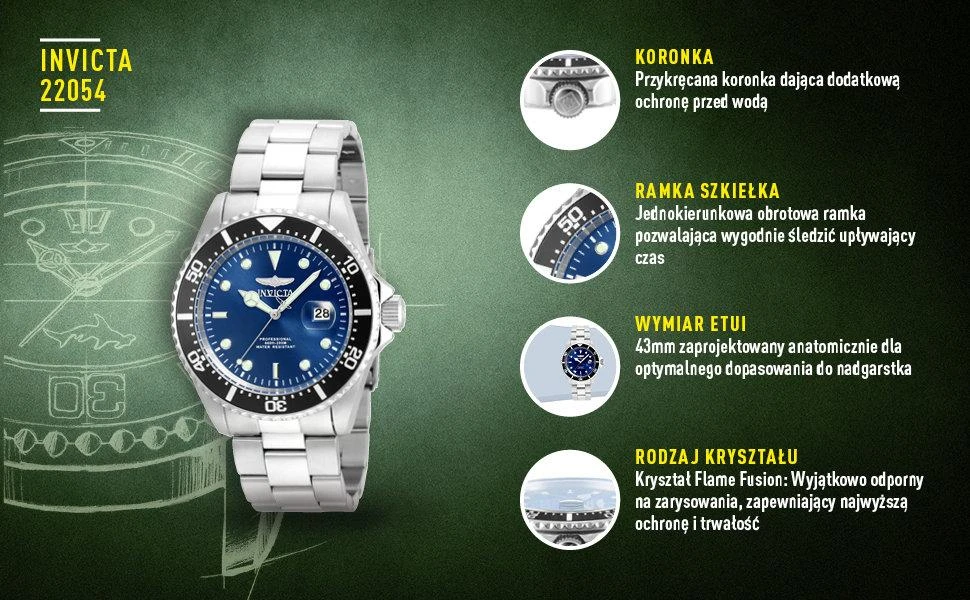 Laikrodis vyrams INVICTA PRO DIVER 22054 - WODOSZCZLNOŚĆ 200m, koperta 43mm
