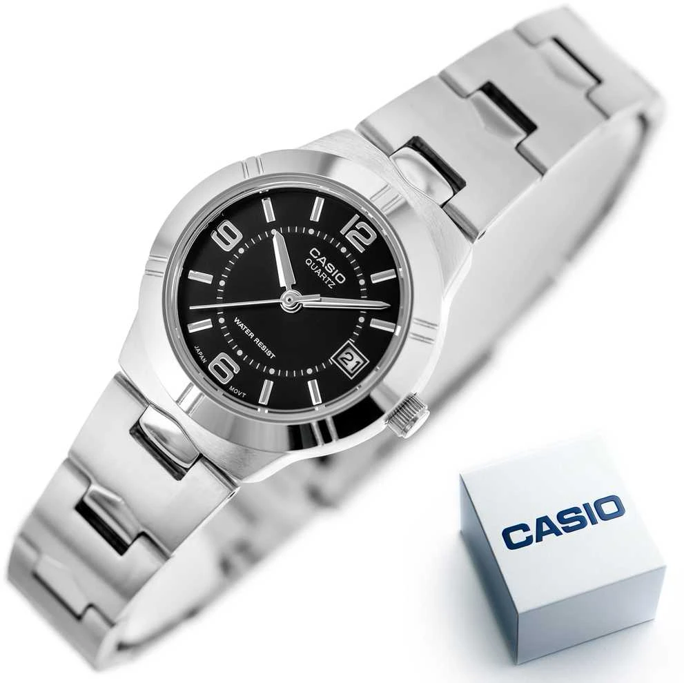 Moteriškas laikrodis Casio LTP-1241D-1A, su dėžute, Juodas ciferblatas