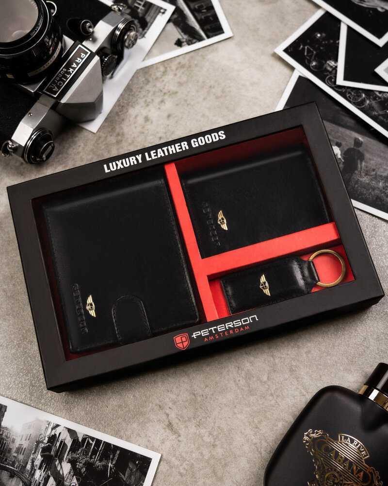 Odinė piniginė + dėklas + raktų pakabukas PETERSON PTN SET3-N992L-VT