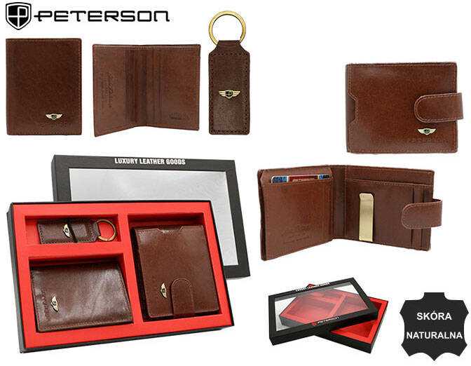 Odinė piniginė+dėklas+raktų pakabukas PETERSON PTN SET3-N78L-VT