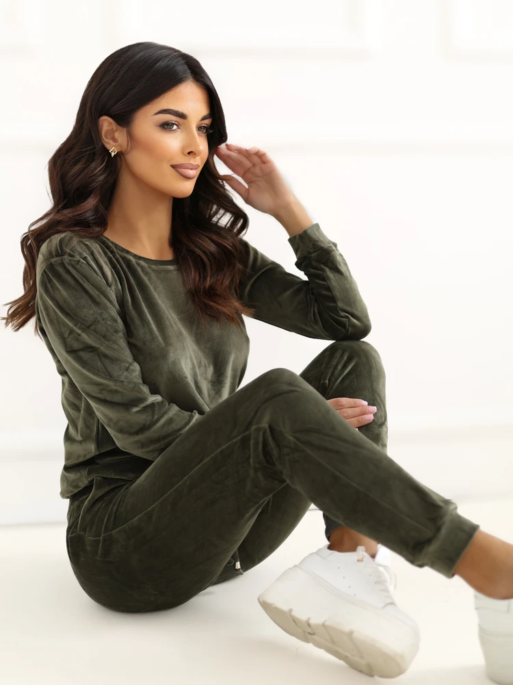 Rue Paris Veliūrinis treningas moterims RV-KMPL-6083.05-khaki