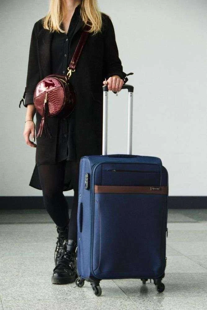 Kelioninis Solier Luggage Vidutinio dydžio tvirtas lagaminas M Solier STL1316 - Tamsiai mėlinas, rudas