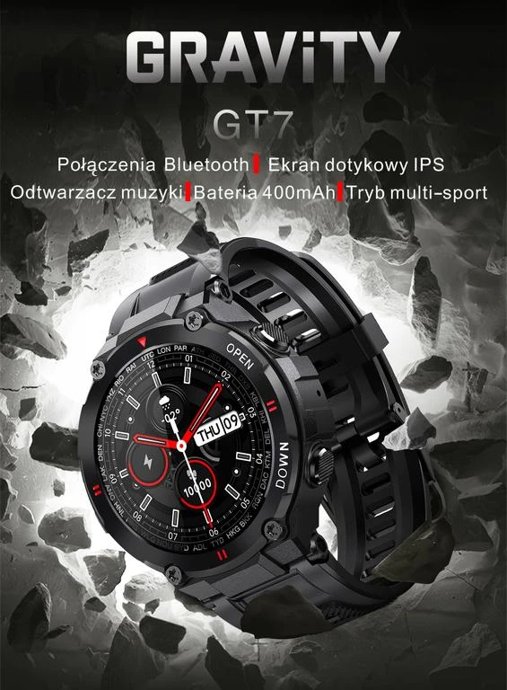 Išmanusis laikrodis Gravity GT7-6, Juodos spalvos korpusas su pilkos spalvos dirželiu