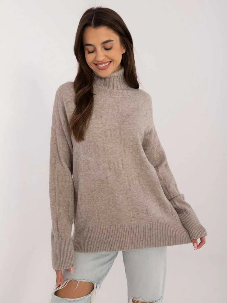 Wool Fashion Italia Megztinis-AT-SW-2342-1,35-tamsiai smėlio spalvos