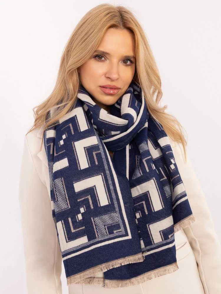 Wool Fashion Italia Šalikas-AT-SZ-23158.32-baltas tamsiai mėlynas