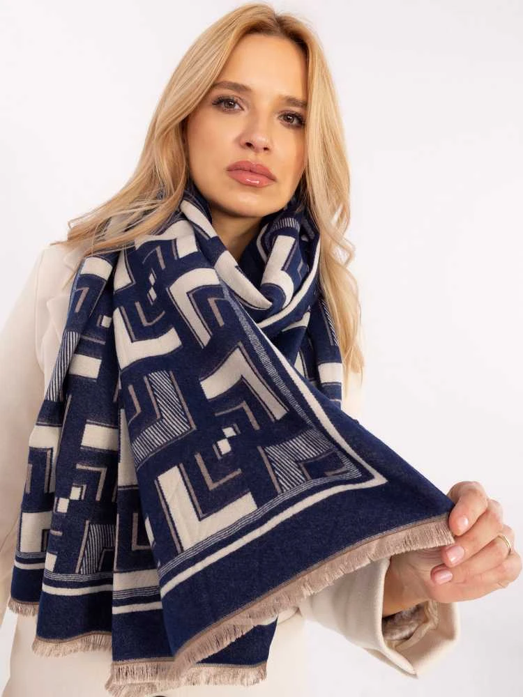 Wool Fashion Italia Šalikas-AT-SZ-23158.32-baltas tamsiai mėlynas