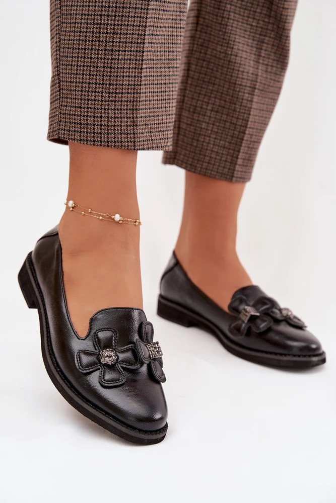 Boto Moteriški juodi elegantiški bateliai su gėlėmis