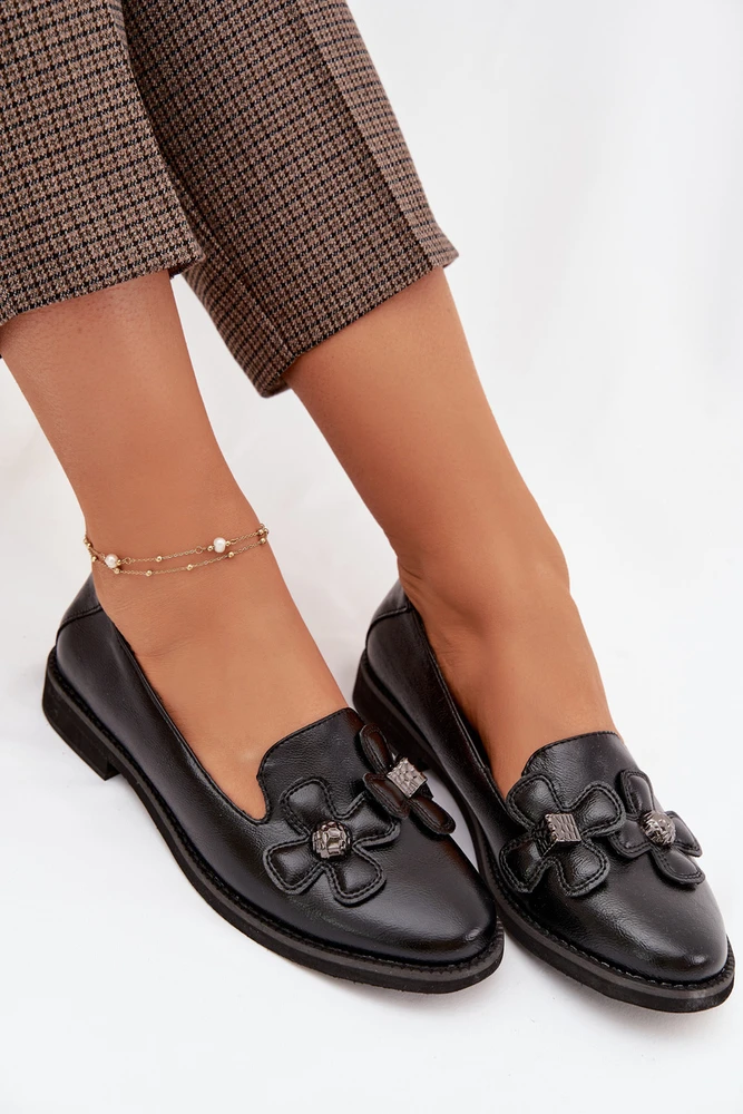 Boto Moteriški juodi elegantiški bateliai su gėlėmis