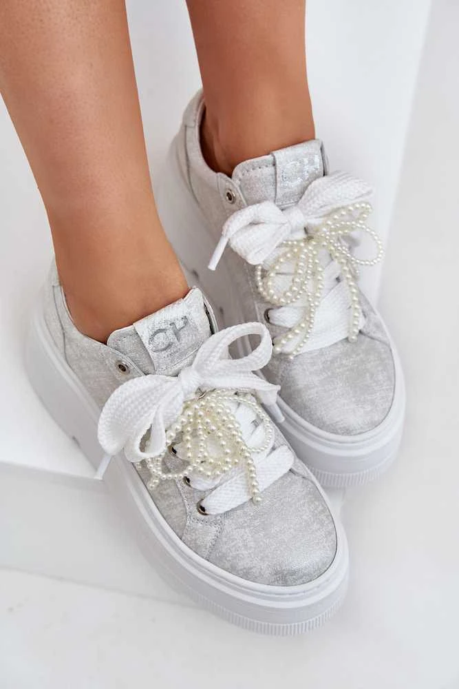 Chebello Išskirtiniai lengvo sidabrinio atspalvio platforminiai bateliai