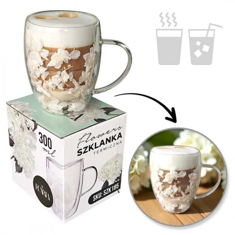 Eu Sandelis Dvigubo stiklo puodelis su baltomis gėlėmis viduje 300ml 1 vnt. - SZK185
