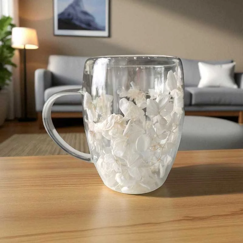 Eu Sandelis Dvigubo stiklo puodelis su baltomis gėlėmis viduje 300ml 1 vnt. - SZK185