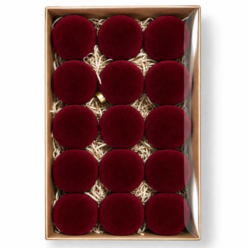 Eu Sandelis 15 bordo spalvos, aksominių kalėdinių eglutės žaisliukų rinkinys, 7cm BSN84