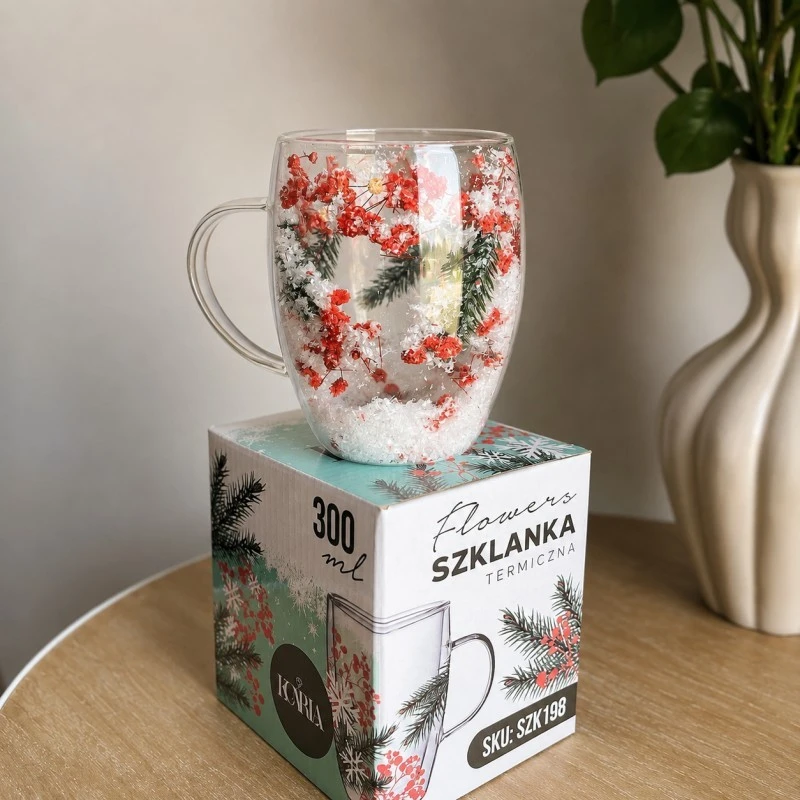 Eu Sandelis Dvigubo stiklo puodelis su įspūdingomis gėlėmis viduje 300 ml SZK198