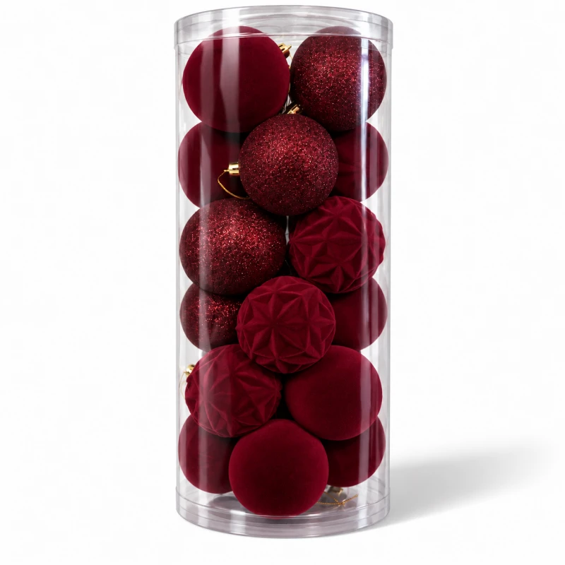 Eu Sandelis Išskirtiniai eglutės žaisliukai, bordo spalvos aksominis rinkinys, 24 vnt., 8cm BSN86