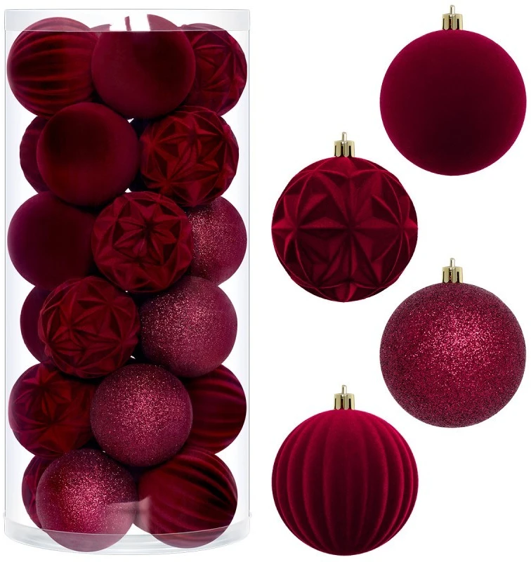 Eu Sandelis Išskirtiniai eglutės žaisliukai, bordo spalvos aksominis rinkinys, 24 vnt., 8cm BSN86