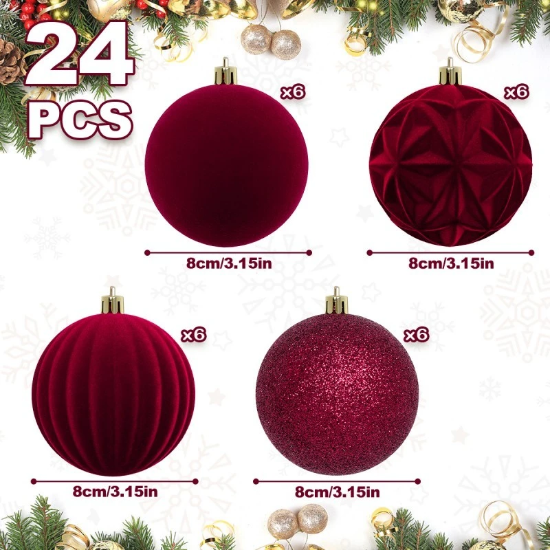 Eu Sandelis Išskirtiniai eglutės žaisliukai, bordo spalvos aksominis rinkinys, 24 vnt., 8cm BSN86