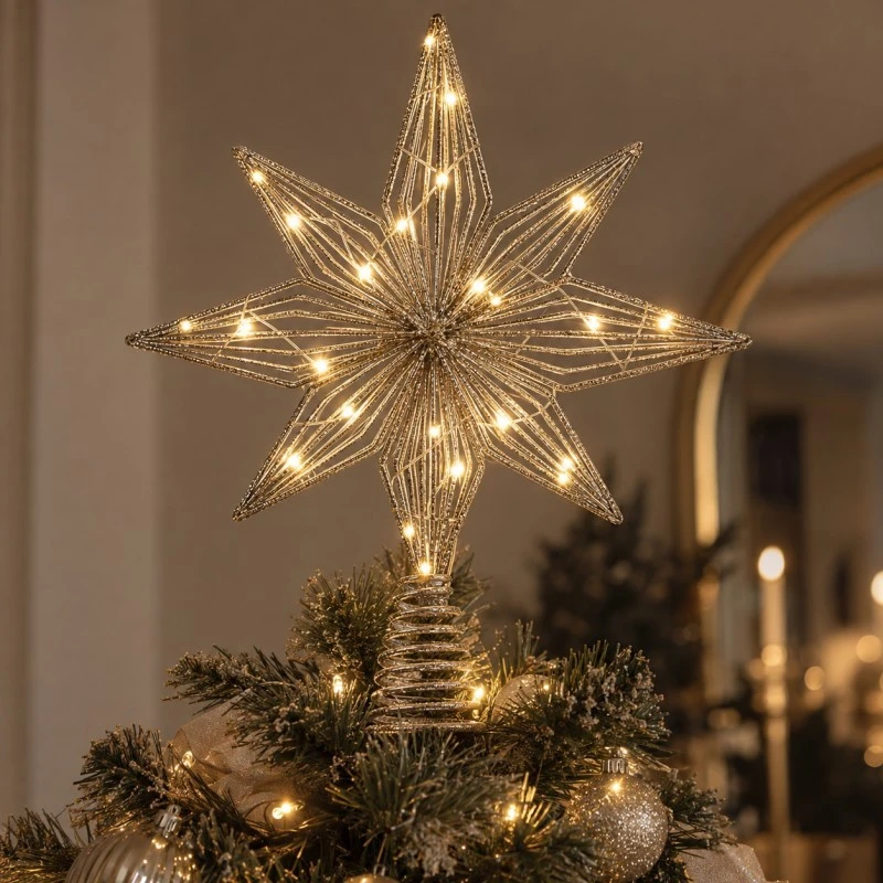 Eu Sandelis Metalinė kalėdinės eglutės auksinė viršūnė, 27 cm + LED lemputės, WOZ11