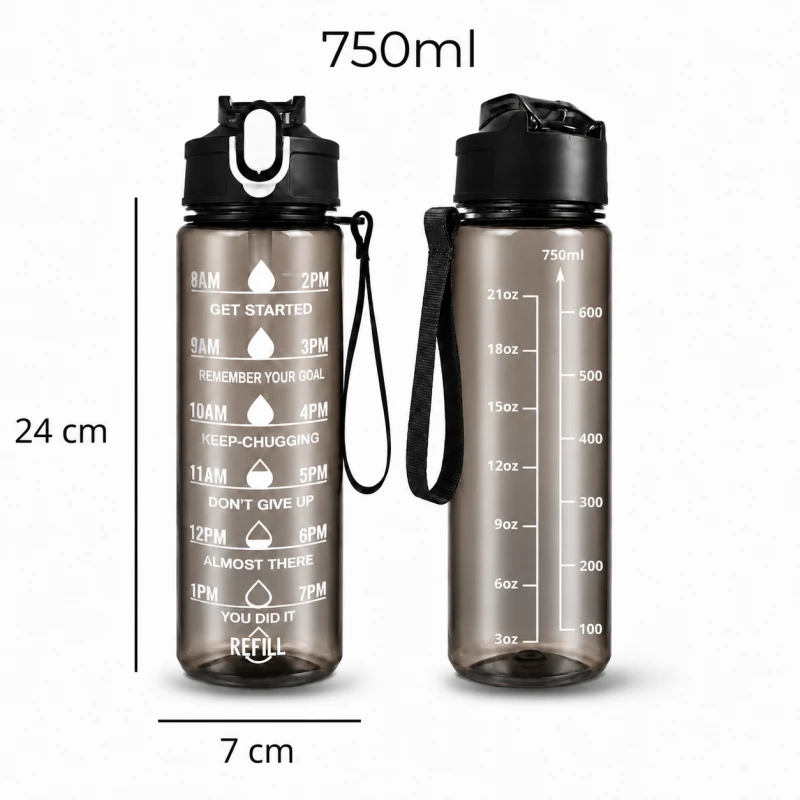 Eu Sandelis Vandens butelis, sportinis butelis su matavimo puodeliu ir motyvaciniais šūkiais, 750 ml, juodas, BD60
