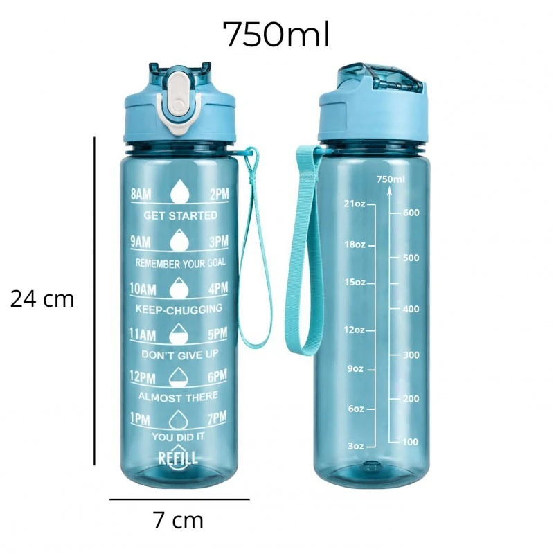 Eu Sandelis Vandens butelis, sportinis butelis su matavimo puodeliu, motyvuojantys šūkiai, 750 ml, mėlynas BD61